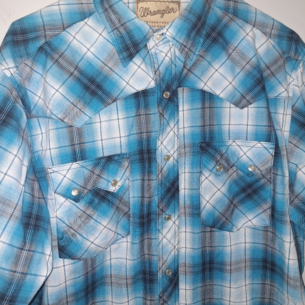Wrangler Western Fasion Pearl Snap Buttons Shirt Mens Sz Large L Blue - Picture 2 of 5